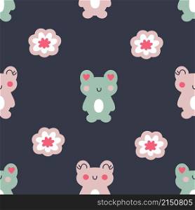 Summer cute frogs and flowers doodle seamless pattern. Perfect for T-shirt, postcard, textile and print. Hand drawn vector illustration for decor and design.