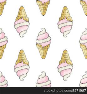 Summer. Cute ice cream in waffle cones seamless pattern. Wonderful pattern with cold dessert. Print for cloth design, textile, fabric, wallpaper