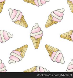 Summer. Cute ice cream in waffle cones seamless pattern. Wonderful pattern with cold dessert. Print for design. Print for cloth design, textile, fabric, wallpaper