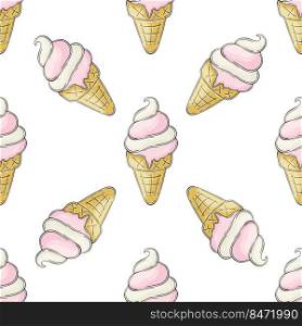 Summer. Cute ice cream in waffle cones seamless pattern. Wonderful pattern with cold dessert. Print for cloth design. Print for cloth design, textile, fabric, wallpaper