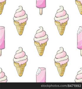 Summer. Cute ice cream in waffle cones seamless pattern. Wonderful pattern with cold dessert. Print for cloth design, textile, fabric. Print for cloth design, textile, fabric, wallpaper