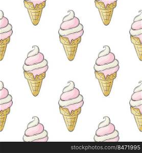 Summer. Cute ice cream in waffle cones seamless pattern. Wonderful pattern with cold dessert. Print for cloth design, textile, fabric, wallpaper, wrapping paper. Print for cloth design, textile, fabric, wallpaper