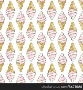 Summer. Cute ice cream in waffle cones seamless pattern. Wonderful pattern with cold dessert. Print. Print for cloth design, textile, fabric, wallpaper