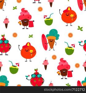 Summer cute pattern. Trendy seamless background with fruits and desserts, doodle characters with funny faces. Vector cartoon summering fruit backdrop. Summer cute pattern. Trendy seamless background with fruits and desserts, doodle characters with funny faces. Vector backdrop