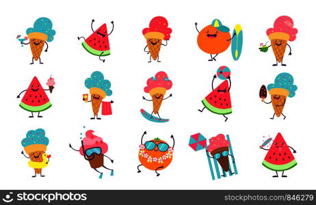 Summer cute stickers. Beach party characters with funny faces swimming playing sunbathing. Vector illustration elements for summer cards with watermelon and ice cream. Summer cute stickers. Beach party characters with funny faces swimming playing sunbathing. Vector elements for summer cards