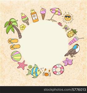 Summer decorative round vector banner with tropical fish, palm and bird
