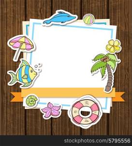Summer decorative vector background with lifebuoy, palm and tropical fish