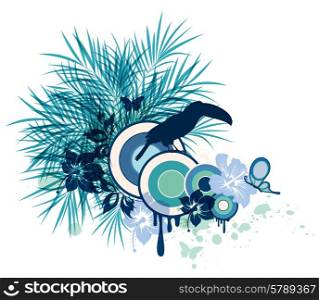 Summer decorative vector background with tropical flowers, palm and bird