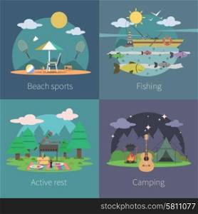 Summer design concept set with beach sports fishing active camping flat icons isolated vector illustration. Summer Flat Set
