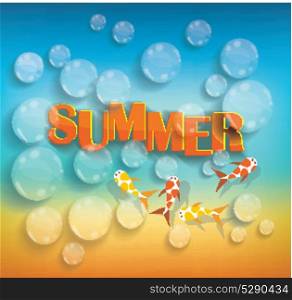 Summer design on sea background with water drops and exotic fish.
