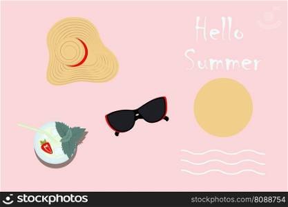 Summer design with wide brim hat, sunglasses and mojito cocktail with strawberries, mint leaves and lettering Hello summer. Design for poster, banner, brochure or cards, price tag or label. Copyspace
