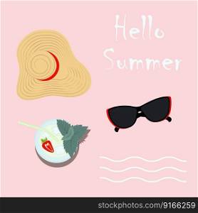 Summer design with wide brim hat, sunglasses and mojito cocktail with strawberries and mint leaves and lettering Hello summer