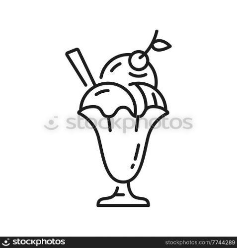 Summer dessert ice-cream balls in glass bowl isolated outline icon. Vector three gelato balls decorated by cherry and spoon. Summer dessert, ice-cream fastfood snack, thin line refreshing food. Ice cream dessert in glass bowl three gelato balls