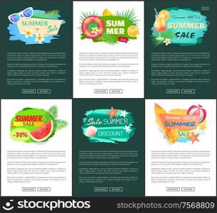 Summer discount and sale banner vector set. Watermelon cocktail with orange slice. Surfing board and ball for playing beach games, seashell and star. Summer Discount Sale Banner Vector Illustration