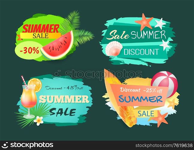 Summer discount and sale banner vector set. Watermelon cocktail with orange slice. Surfing board and ball for playing beach games, seashell and star. Summer Discount Sale Banner Vector Illustration
