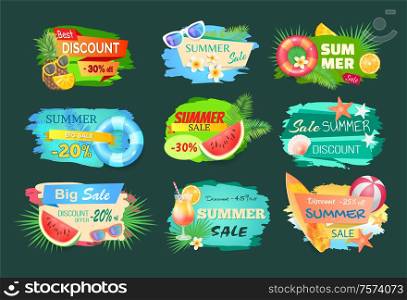 Summer discount banners set with summertime vector. Pineapple and cocktail, surfing board and saving ring and flowers in bloom. Promotion and offers. Summer Discount Banners Set Vector Illustration
