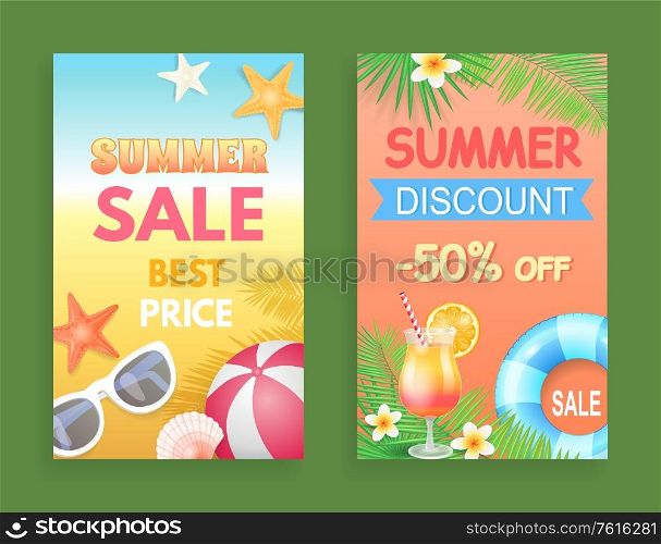 Summer discount best price set of posters vector. Proposition and promotion, reduction of price. Rubber ball and sunglasses, cocktail and flowers. Summer Discount Best Price Set Vector Illustration