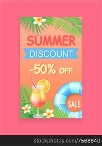 Summer discount ribbon vector banner, season sale leaflet sample. Inflatable ring, cocktail with straw and orange slice, exotic flower and palm leaves. Summer Sale Vector Banner Promotion Leaflet Sample