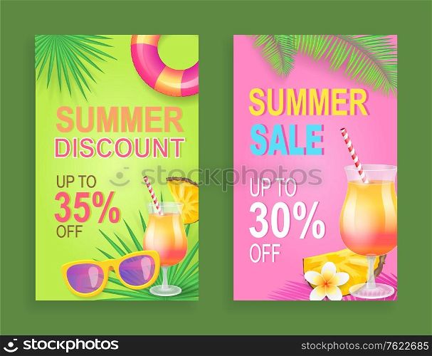 Summer discount sale set vector. Proposition and clearance, seasonal price reduction. Lifebuoy and sunglasses,, , cocktail with straw, tropical flower. Summer Discount Sale Posters Vector Illustration