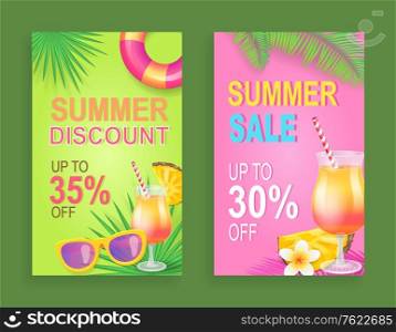 Summer discount sale set vector. Proposition and clearance, seasonal price reduction. Lifebuoy and sunglasses,, , cocktail with straw, tropical flower. Summer Discount Sale Posters Vector Illustration