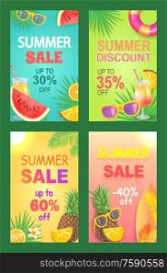 Summer discount sales posters with text set. Reductions and propositions, diminution of cost. Surfing board and lifebuoy attributes of season vector. Summer Discount Sales Set Vector Illustration
