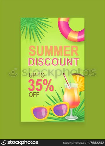 Summer discount vector banner, promotion leaflet sample. Sun glasses and cocktail with pineapple slice, palm leaves and inflatable ring, beach theme. Summer Sale Vector Banner Promotion Leaflet Sample