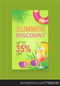 Summer discount vector banner, promotion leaflet sample. Sun glasses and cocktail with pineapple slice, palm leaves and inflatable ring, beach theme. Summer Sale Vector Banner Promotion Leaflet Sample