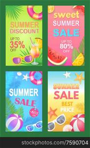Summer discounts seasonal promotional posters set vector. Sunglasses accessories and inflatable rubber ball and lifebuoy. Starfish and shell seaside. Summer Discounts Seasonal Set Vector Illustration