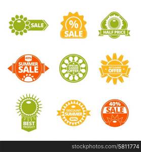 Summer discounts with best price red yellow green labels set flat isolated vector illustration . Summer discounts labels set