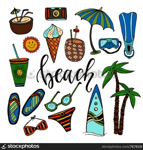 Summer doodle icons. Hand drawn stickers collection.. Summer doodle icons. Vector set with surfboard, swimsuit, palm, fins, cocktails, ice cream, drink, sunglasses, umbrella. Hand drawn stickers collection