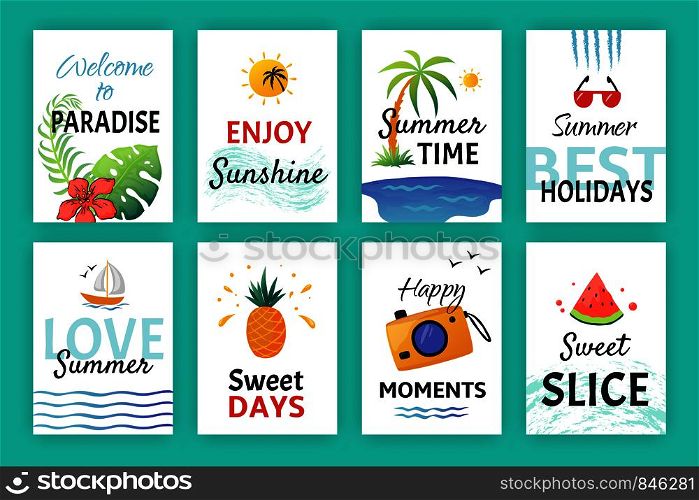 Summer doodle poster. Beach party banners with simple patterns and lettering, vacation sticker elements. Vector hand drawn flat cards holiday collection isolated set. Summer doodle poster. Beach party banners with simple patterns and lettering, vacation sticker elements. Vector hand drawn cards