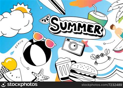 Summer doodle symbol and objects icon design for beach party background. Invitation hand drawn style. Use for labels, stickers, badges, poster, flyer, banner, illustration design.