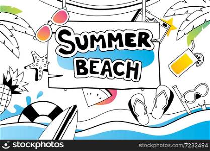 Summer doodle symbol and objects icon design for beach party background. Invitation hand drawn style. Use for labels, stickers, badges, poster, flyer, banner, illustration design.