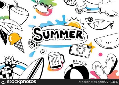 Summer doodles symbol and objects icon elements for beach party background. Hand drawn style. Use for labels, stickers, badges, poster, flyer, banner, illustration design.