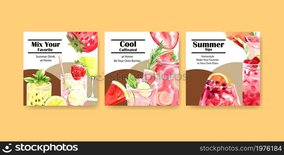 Summer drink advertisement design for vacation and summer travel watercolor vector.