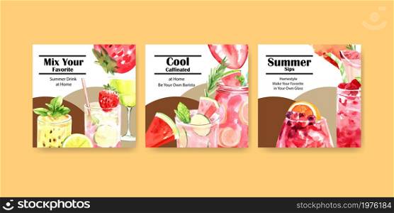 Summer drink advertisement design for vacation and summer travel watercolor vector.