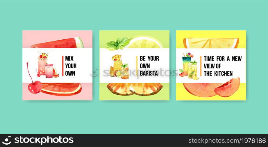 Summer drink advertisement design for vacation and summer travel watercolor vector.