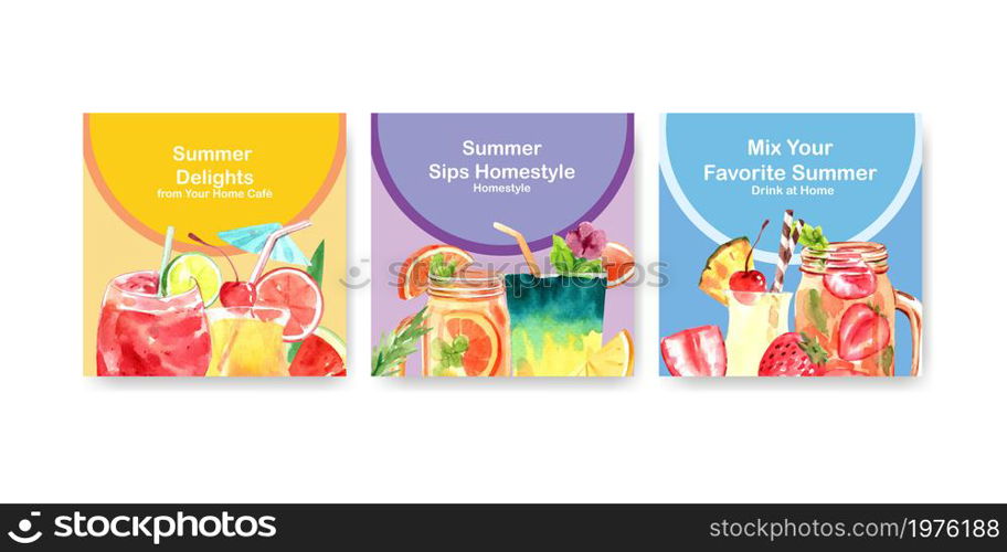 Summer drink advertisement design for vacation and summer travel watercolor vector.