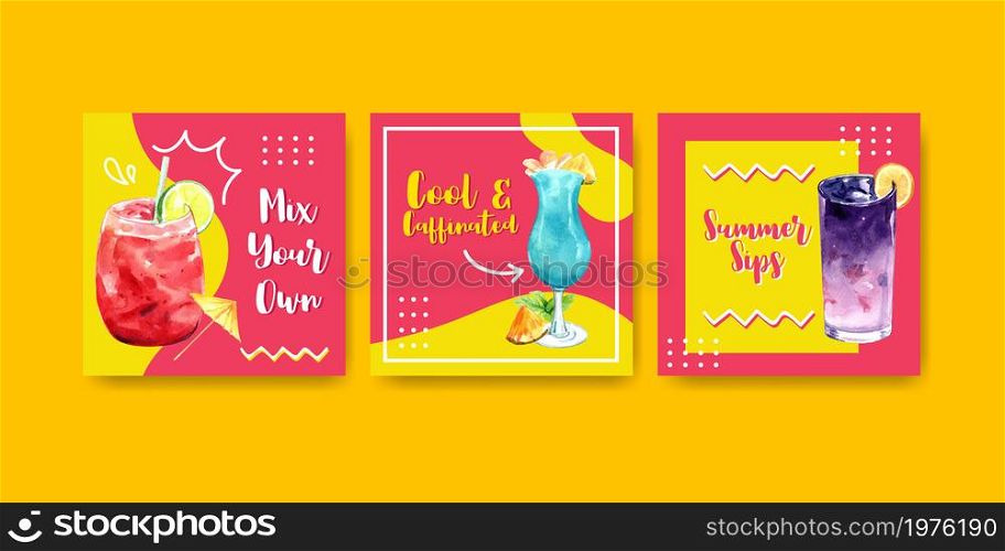 Summer drink advertisement design for vacation and summer travel watercolor vector.
