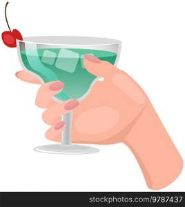Summer drink, cocktail party martini glass with cherry doodle. Tropical alcoholic cocktail with ice. Blue drink in martini glass decorated with berry. Alcohol, beverage from bar in woman hand. Tropical alcoholic cocktail with ice and cherry. Blue drink in martini glass decorated with berry