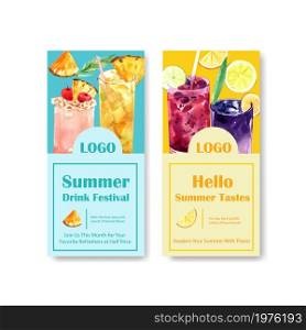Summer drink flyer template design for holiday vacation and travel watercolor vector