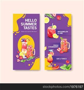 Summer drink flyer template design for holiday vacation and travel watercolor vector