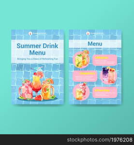 Summer drink menu template design for cocktail watercolor illustration.