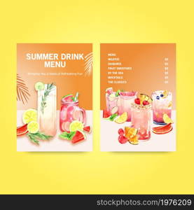 Summer drink menu template design for cocktail watercolor illustration.