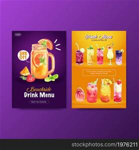 Summer drink menu template design for cocktail watercolor illustration.