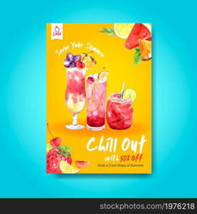 Summer drink poster template design for cocktail watercolor illustration.