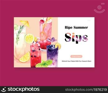 Summer drink website template design for cocktail watercolor illustration.