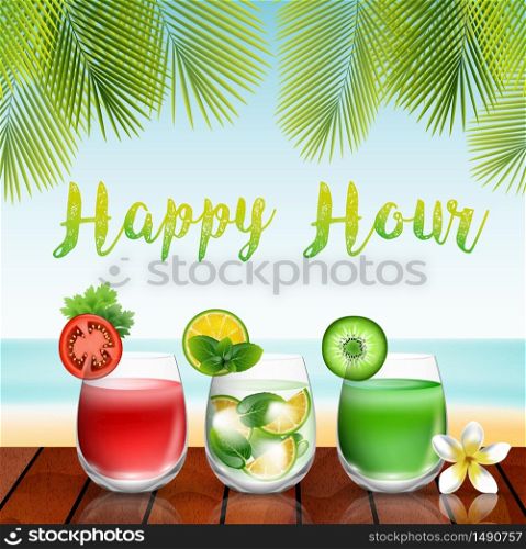 Summer drinks on the table in beach background.vector