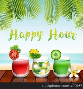 Summer drinks on the table in beach background.vector