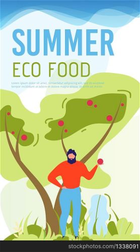 Summer Eco Food Promotion Mobile Cover in Flat Style. Banner with Advertising Text and Cartoon Man Character Standing near Fruit Tree and Holding One. Healthy and Natural Products. Vector Illustration. Summer Eco Food Promo Mobile Cover in Flat Style